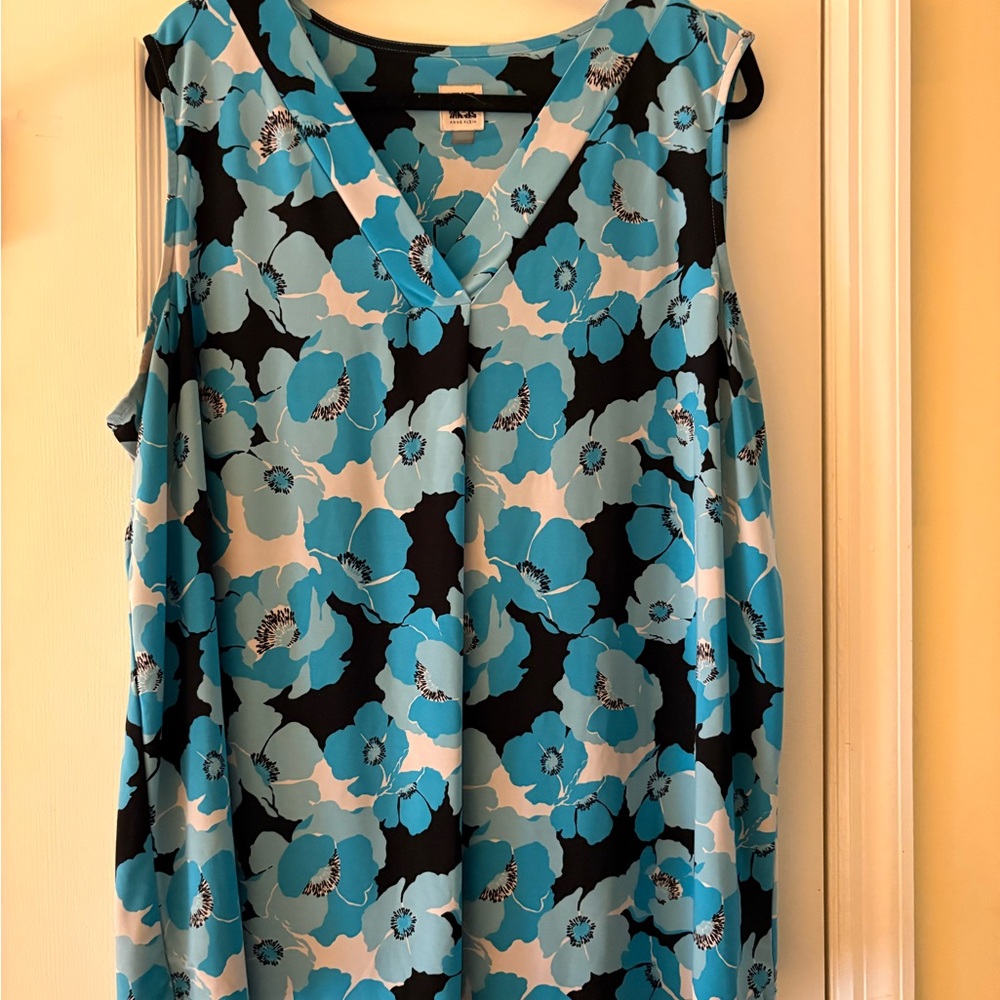 Anne Klein Blue Floral V-Neck Blouse
